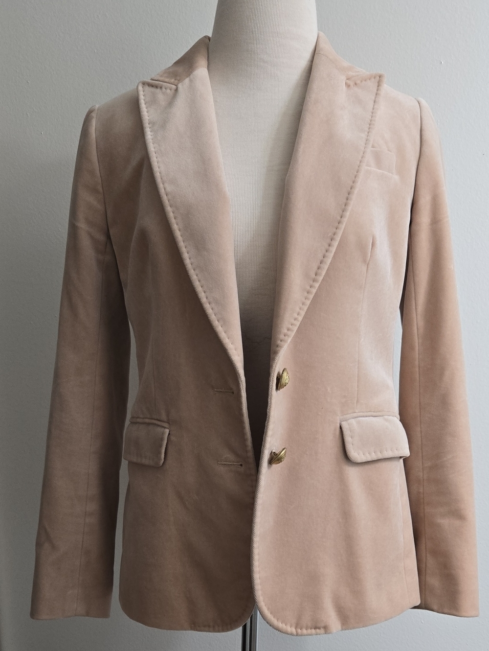 J. Crew Blush Velvet Tailored Blazer with Gold Buttons